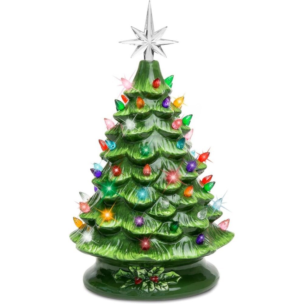 15in Ceramic Christmas Tree Pre lit Hand Painted Tabletop Holiday Tree 64 Lights - Picture 1 of 7